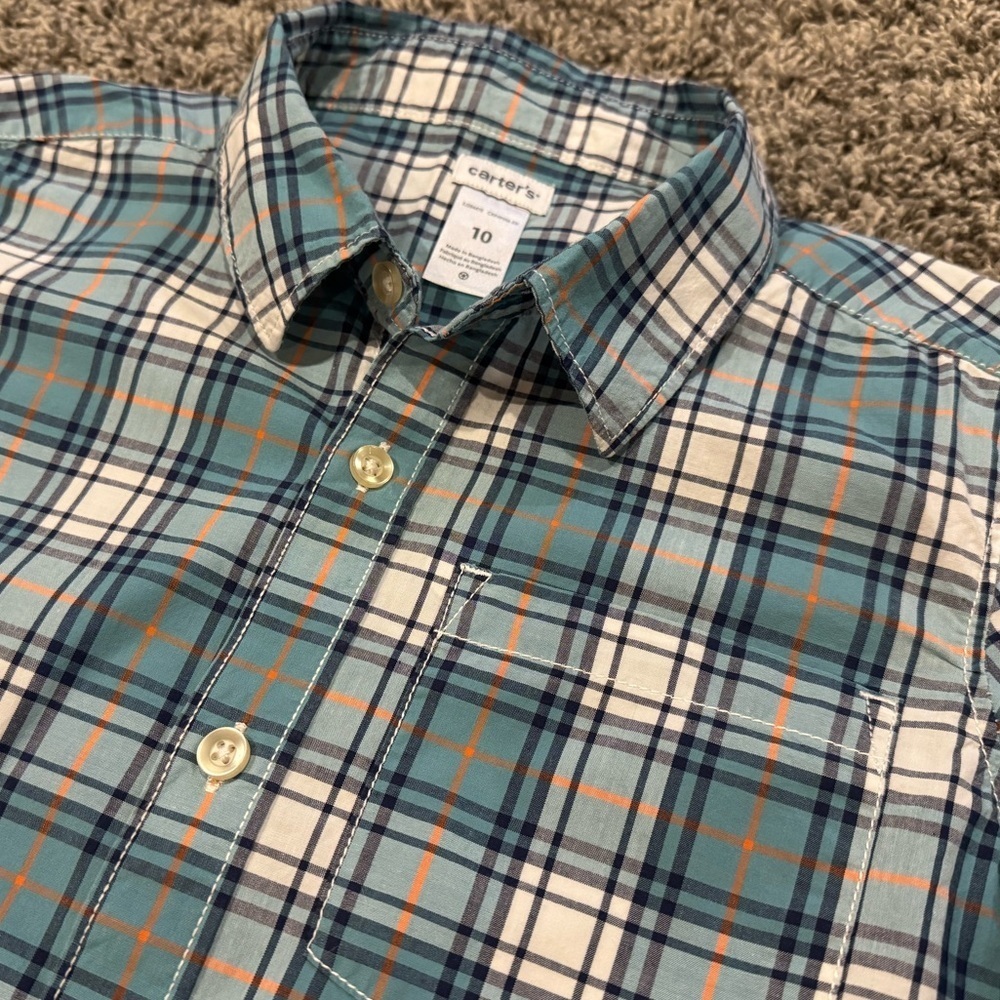Carters boys button down shirt in green, blue, orange and white, size 10. - Picture 3 of 4